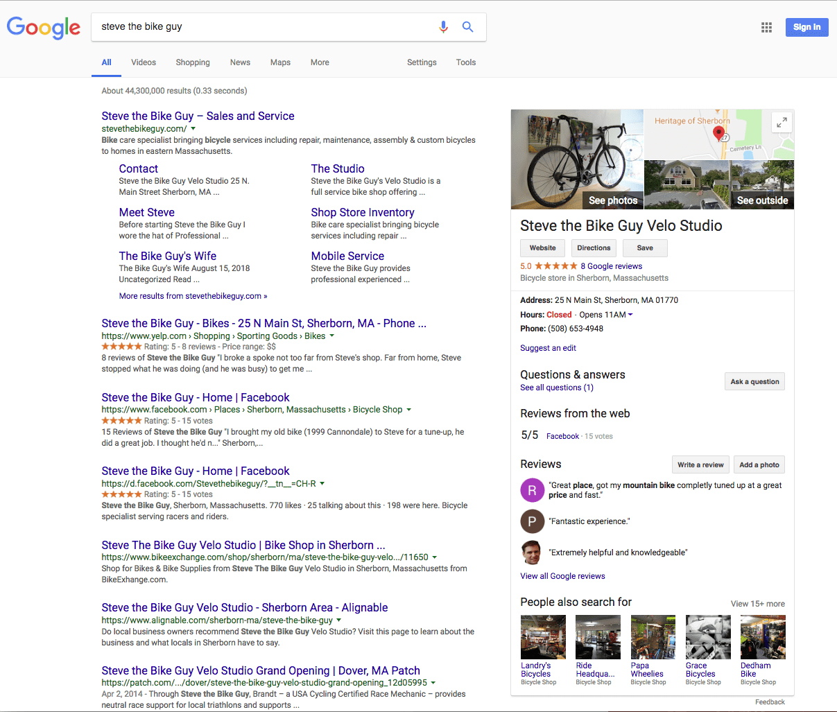 Steve the Bike Guy listing with Google Business showing on right.