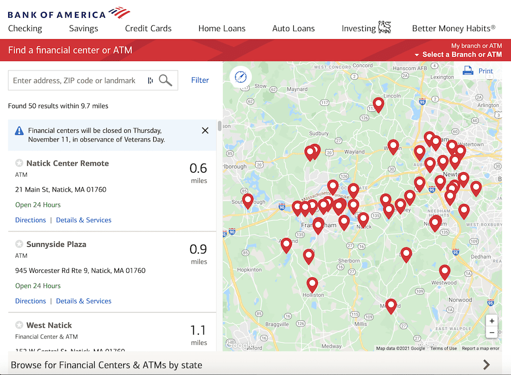 Bank locations page showing pins on a map.