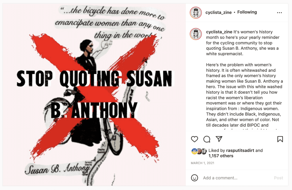 Cyclista Zine post regarding Susan B. Anthony