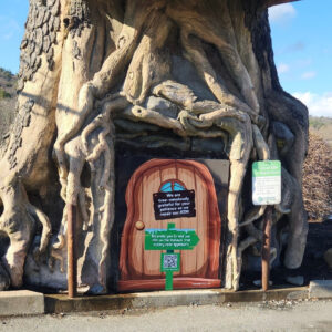 Picture of the Greenfield ATM Tree with the sign covering the damaged ATM.